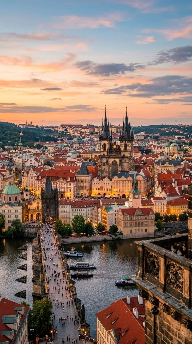 Prague’s Old Town skyline and Charles Bridge at sunset, seen from above